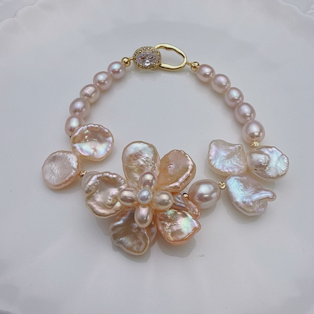 26B92 Handmade Freshwater Baroque Pearl Flower Bracelet Necklace 2in1